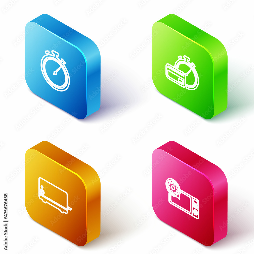 Set Isometric line Stopwatch, Fast payments, Toaster and Microwave oven setting icon. Vector Set Isometric line Stopwatch, Fast payments, Toaster and Microwave oven setting icon. Vector