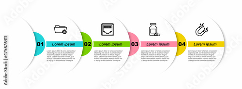 Set line Health record folder, Network port cable socket, Medicine bottle and pills and Magnet with lightning. Business infographic template. Vector