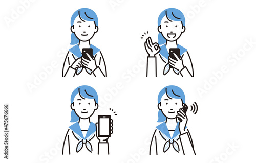 スマホを持った中学生の女の子セット