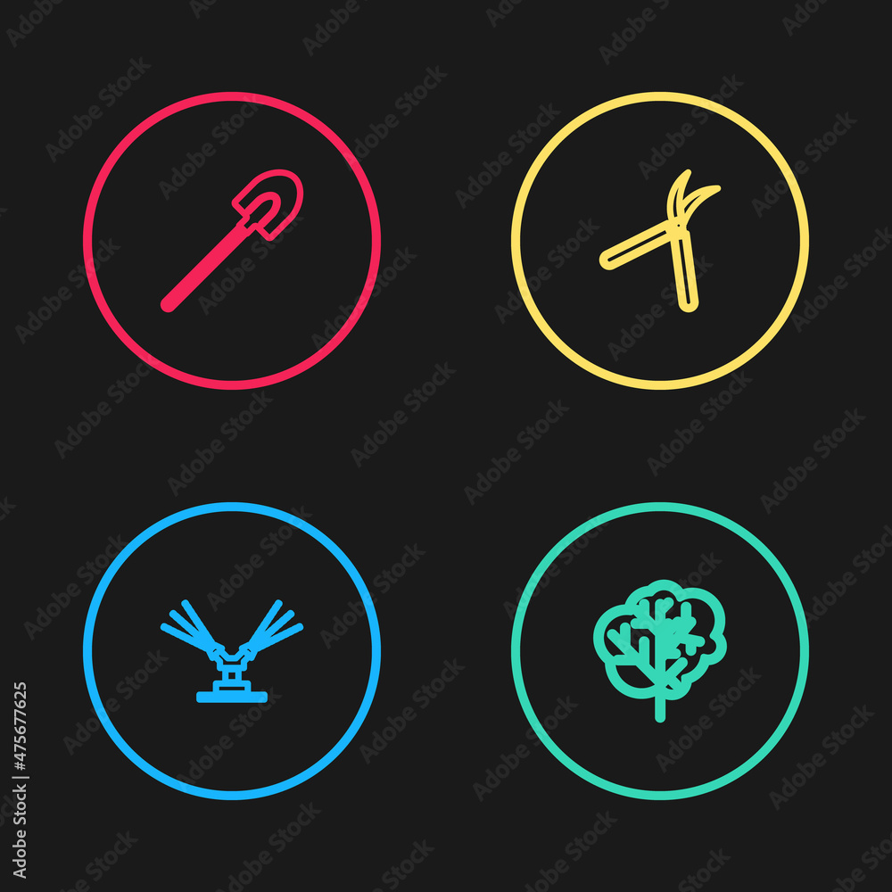 Set line Automatic irrigation sprinklers, Tree, Gardening handmade scissor and shovel icon. Vector Set line Automatic irrigation sprinklers, Tree, Gardening handmade scissor and shovel icon. Vector
