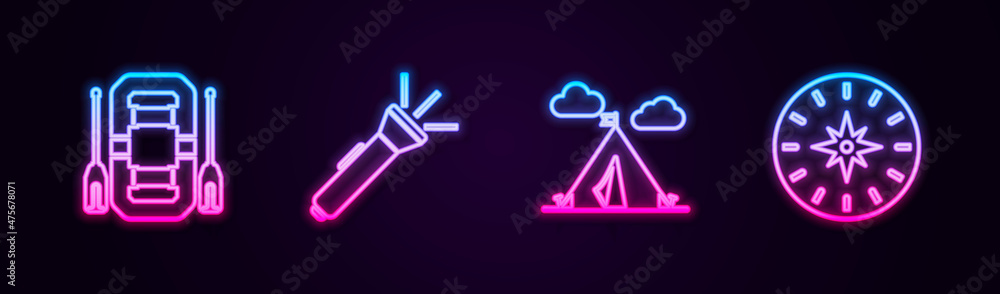 Set line Rafting boat, Flashlight, Tourist tent with flag and Compass. Glowing neon icon. Vector Set line Rafting boat, Flashlight, Tourist tent with flag and Compass. Glowing neon icon. Vector