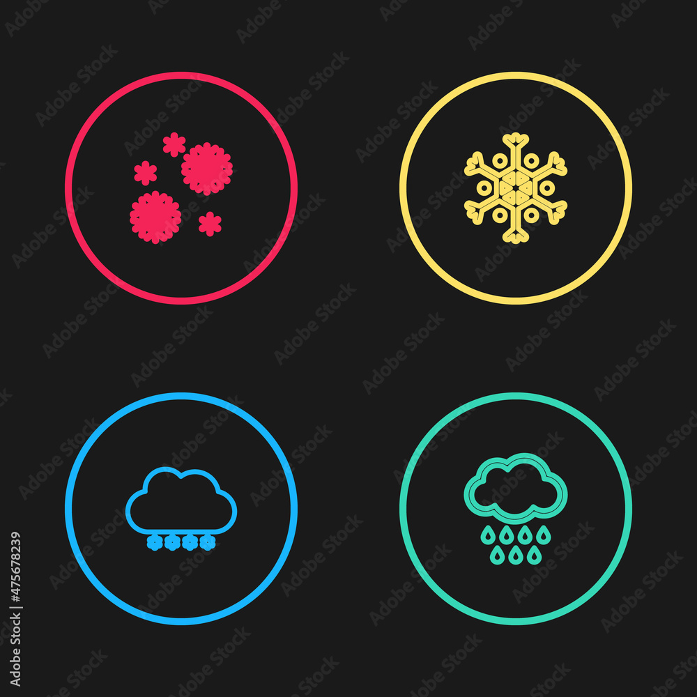Set line Cloud with snow, rain, Snowflake and icon. Vector