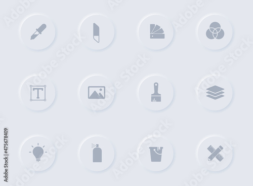 art and design gray vector icons on round rubber buttons. art and design icon set for web, mobile apps, ui design and promo business polygraphy