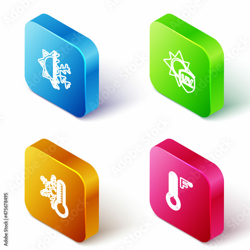 Set Isometric line Sun and snowflake, UV protection, Thermometer with and Meteorology thermometer icon. Vector