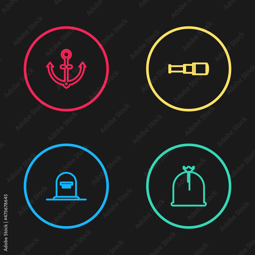 Set line Tombstone with RIP written, Pirate sack, Spyglass telescope lens and Anchor icon. Vector Set line Tombstone with RIP written, Pirate sack, Spyglass telescope lens and Anchor icon. Vector