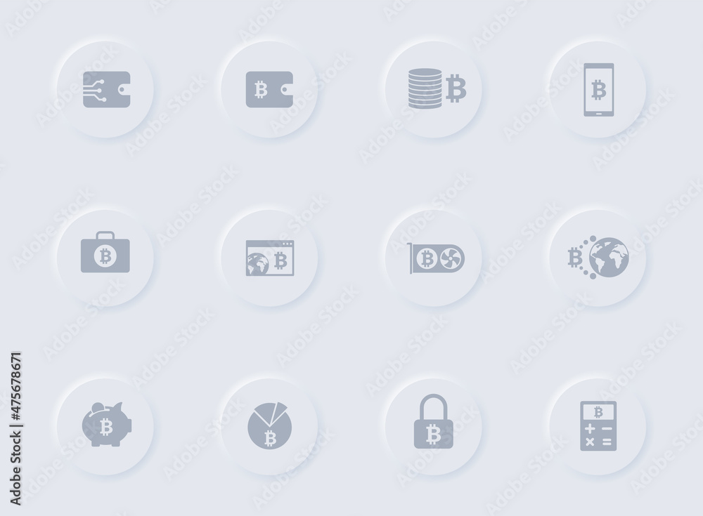 bitcoin gray vector icons on round rubber buttons. bitcoin icon set for web, mobile apps, ui design and promo business polygraphy bitcoin gray vector icons on round rubber buttons. bitcoin icon set for web, mobile apps, ui design and promo business polygraphy