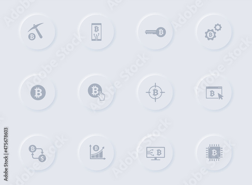 bitcoin gray vector icons on round rubber buttons. bitcoin icon set for web, mobile apps, ui design and promo business polygraphy
