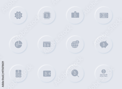 bitcoin gray vector icons on round rubber buttons. bitcoin icon set for web, mobile apps, ui design and promo business polygraphy