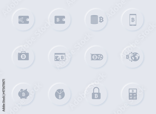 bitcoin gray vector icons on round rubber buttons. bitcoin icon set for web, mobile apps, ui design and promo business polygraphy