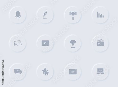 blog gray vector icons on round rubber buttons. blog icon set for web, mobile apps, ui design and promo business polygraphy