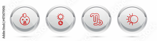 Set line Rooster zodiac, Solstice, Capricorn and Eclipse of the sun. Silver circle button. Vector