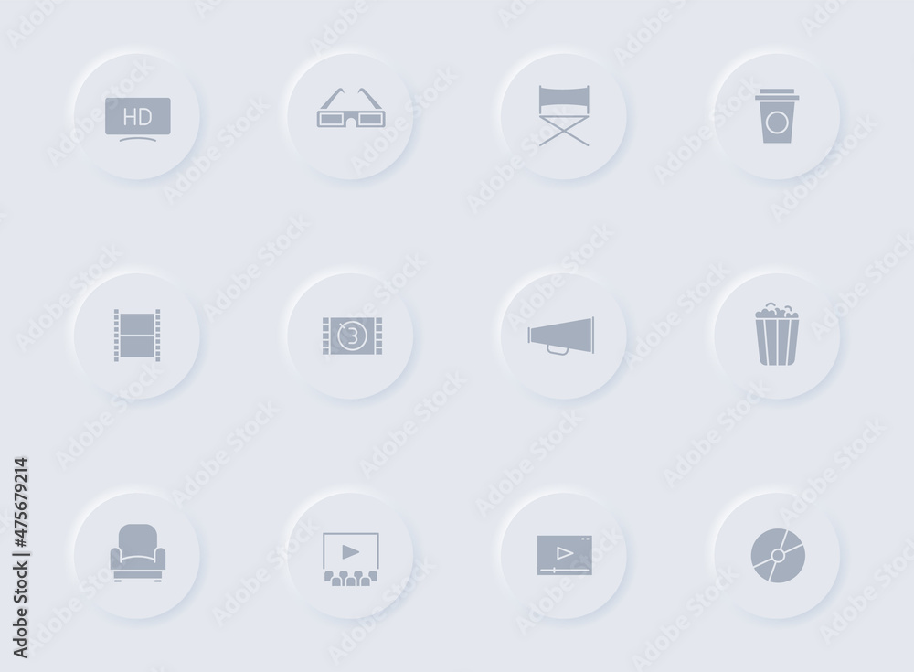 cinema gray vector icons on round rubber buttons. cinema icon set for web, mobile apps, ui design and promo business polygraphy cinema gray vector icons on round rubber buttons. cinema icon set for web, mobile apps, ui design and promo business polygraphy