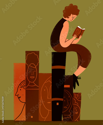 Person reading books above bigger books with illustrated women photo