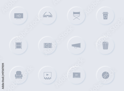 cinema gray vector icons on round rubber buttons. cinema icon set for web, mobile apps, ui design and promo business polygraphy