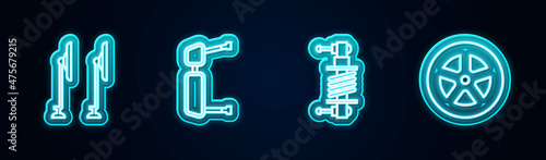 Set line Windscreen wiper, Truck side mirror, Shock absorber and Car wheel. Glowing neon icon. Vector