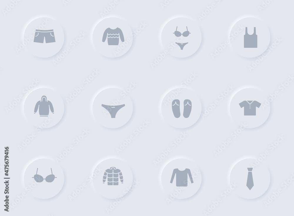 clothes gray vector icons on round rubber buttons. clothes icon set for web, mobile apps, ui design and promo business polygraphy