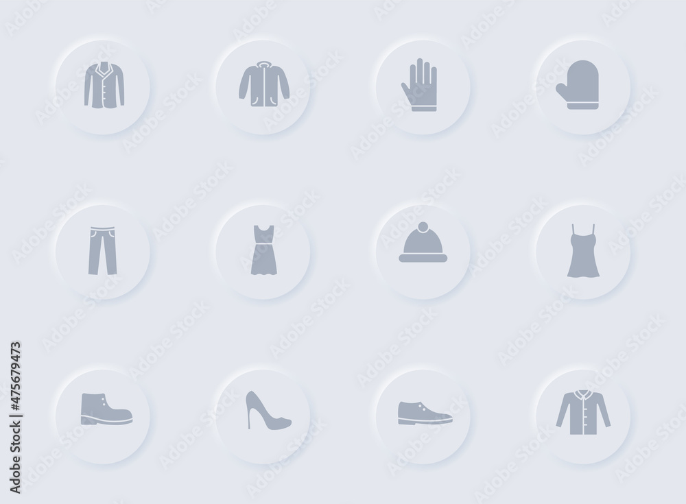 clothes gray vector icons on round rubber buttons. clothes icon set for web, mobile apps, ui design and promo business polygraphy