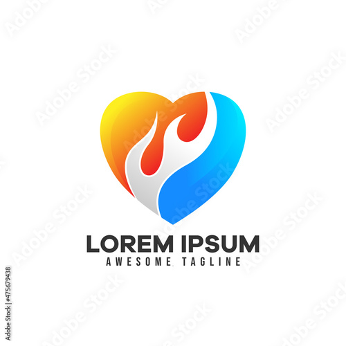 Abstract love or heart shape logo combination with fire or flame. Vector illustration for energy, power, and care logo template. Gradient colorful logo style