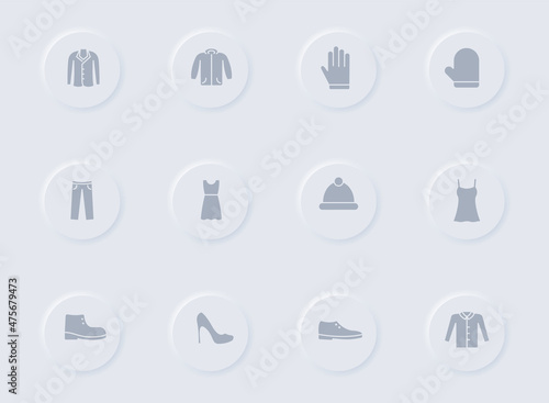clothes gray vector icons on round rubber buttons. clothes icon set for web, mobile apps, ui design and promo business polygraphy