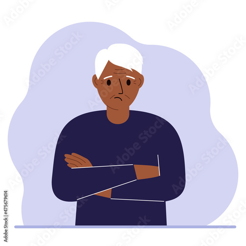 The elderly man is sad and upset. The arms are crossed over the chest. Vector