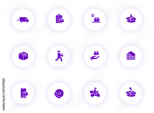 delivery purple color vector icons on light round buttons with purple shadow. delivery icon set for web, mobile apps, ui design and print