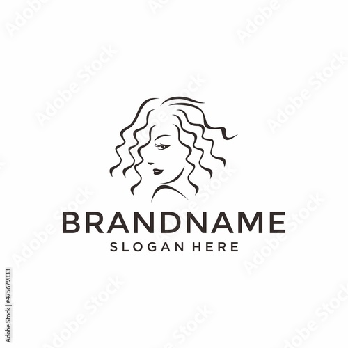 beautiful woman with gorgeous hair curls - salon hairstyle portrait white vector outline black