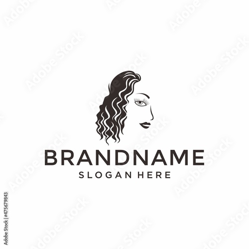beautiful woman with gorgeous hair curls - salon hairstyle portrait white vector outline black