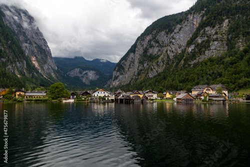 beautiful landscapes with mountains and clouds , pictures of Hallstatt city in Austria 