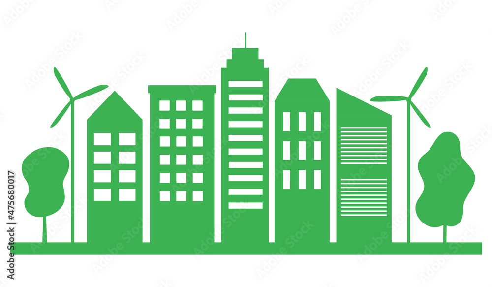 Green eco city landscape in flat design vector illustration on white background.