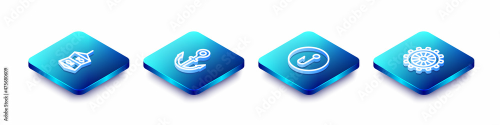 Set Isometric line Fishing net with fish, Anchor, hook and Ship steering wheel icon. Vector Set Isometric line Fishing net with fish, Anchor, hook and Ship steering wheel icon. Vector