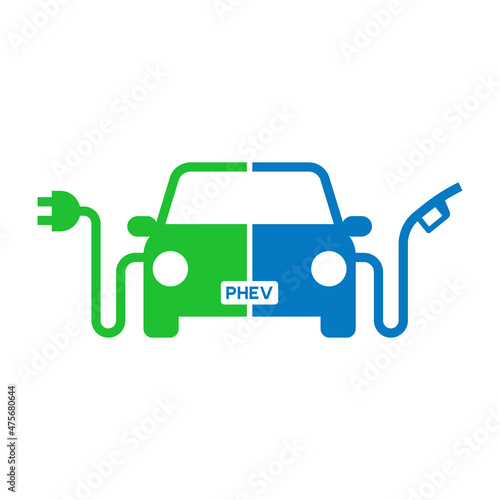 Plug-in hybrid electric vehicles icon (PHEV car), Half section part of Electric energy and fuel engine, Vector illustration