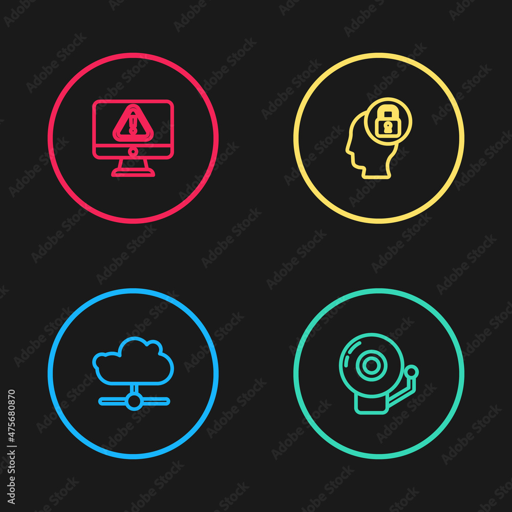 Set line Network cloud connection, Ringing alarm bell, Human head with lock and Monitor exclamation mark icon. Vector Set line Network cloud connection, Ringing alarm bell, Human head with lock and Monitor exclamation mark icon. Vector