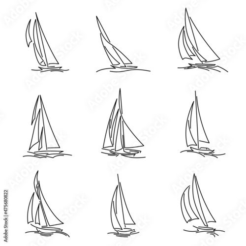 Set of simple vector images of sailing yachts with triangular sails on waves drawn in line style.