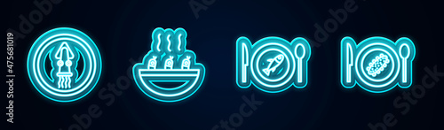 Set line Octopus on a plate, Soup with shrimps, Served fish and cucumber. Glowing neon icon. Vector