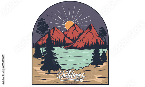 Mountain adventure with wild lake graphic print design. Wild outdoor artwork  for apparel, sticker, batch, background, poster and others.
