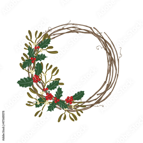 Vine wreath with mistletoe and holly berries. Christmas theme.