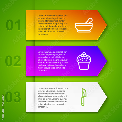 Set line Mortar and pestle, Cake and Knife. Business infographic template. Vector