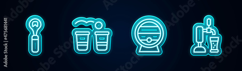 Set line Bottle opener, Beer pong game, Wooden barrel rack and tap with glass. Glowing neon icon. Vector