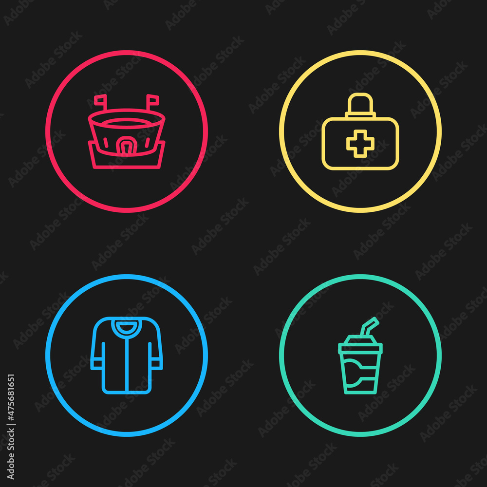 Set line Baseball t-shirt, Paper glass with water, First aid kit and arena icon. Vector Set line Baseball t-shirt, Paper glass with water, First aid kit and arena icon. Vector