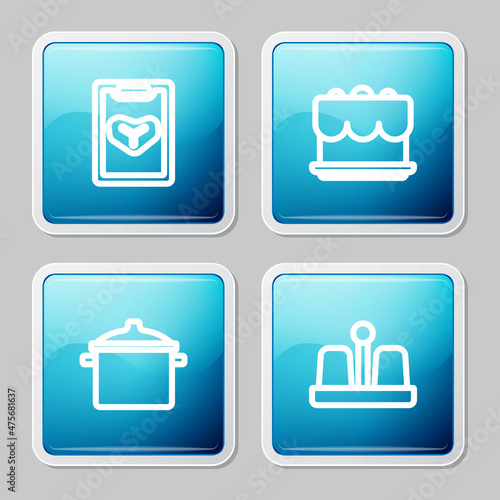 Set line Restaurant cafe menu  Cake  Cooking pot and Salt and pepper icon. Vector