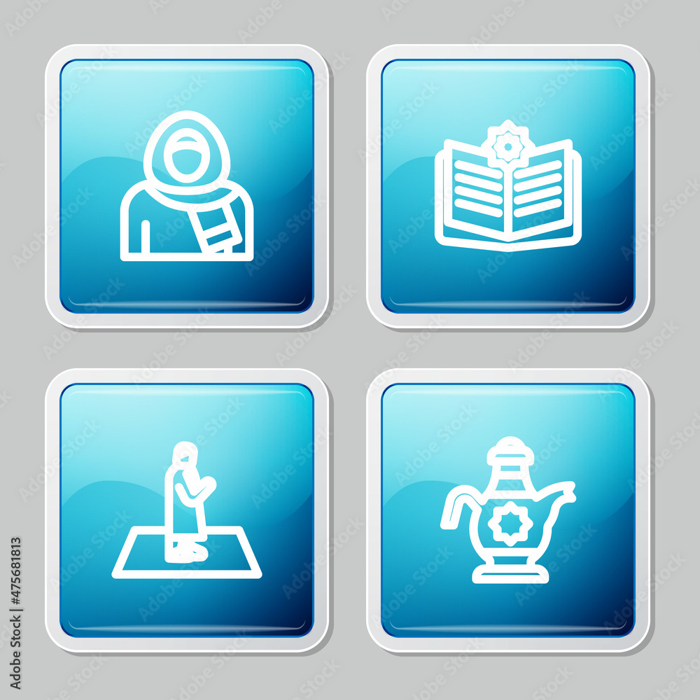 Set line Muslim woman in hijab, Holy book of Koran, prays and Islamic teapot icon. Vector Set line Muslim woman in hijab, Holy book of Koran, prays and Islamic teapot icon. Vector