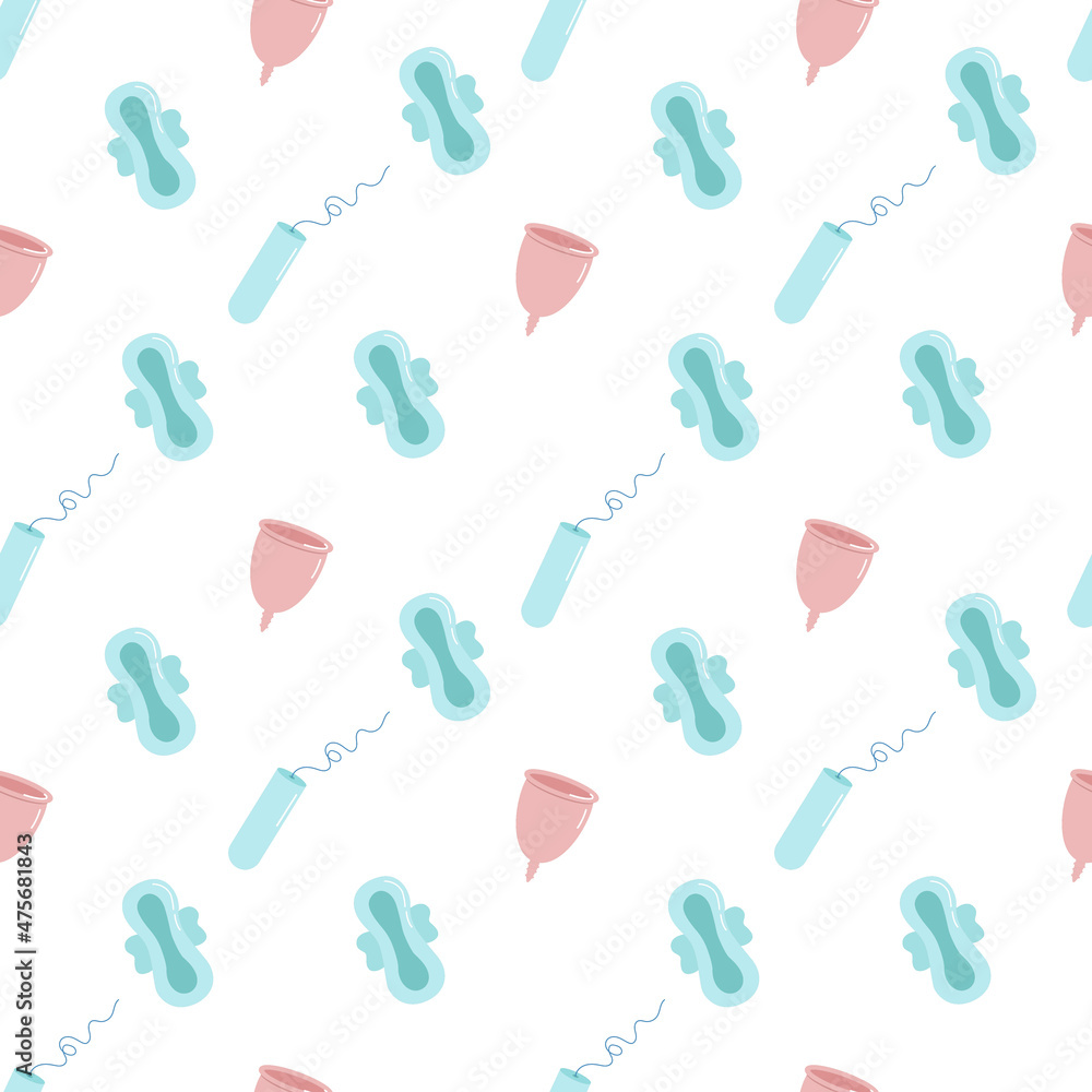 Pattern with pads, tampons and a menstrual cup. Pattern on the theme of the mentrual cycle. Vector illustration. Pattern with pads, tampons and a menstrual cup. Pattern on the theme of the mentrual cycle. Vector illustration.
