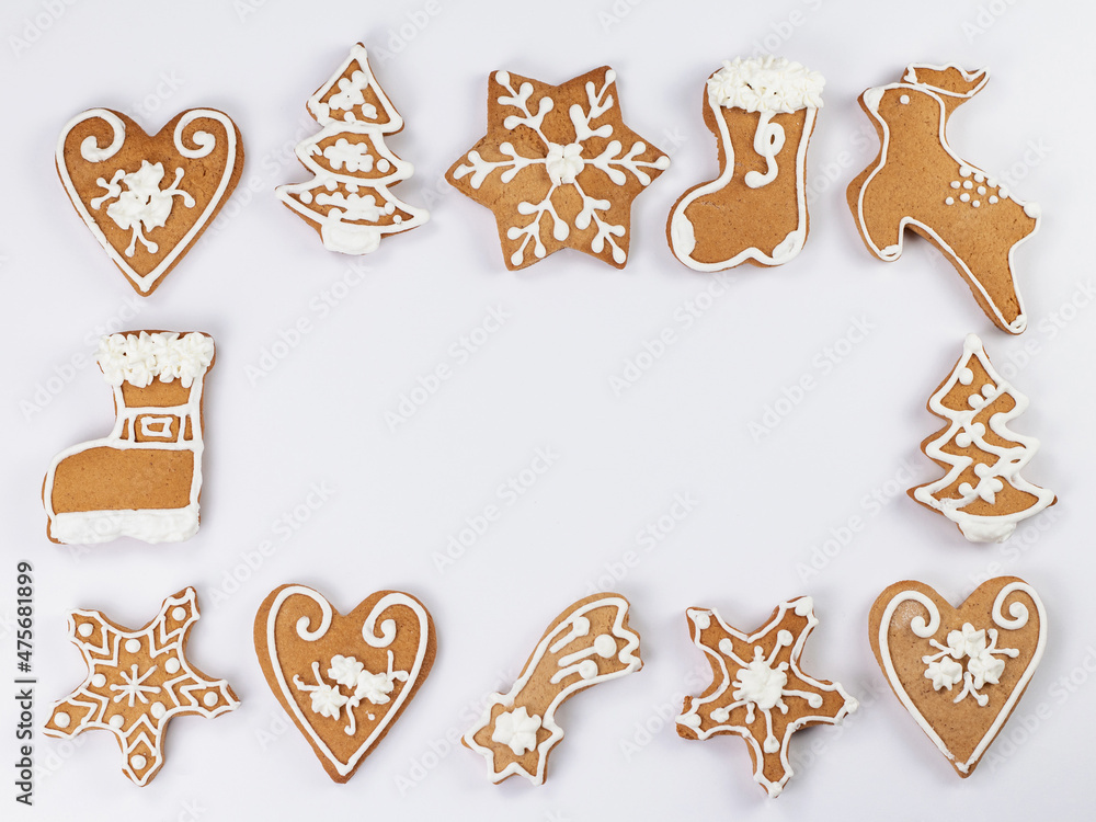 Gingerbread cookies on white background, place for text
