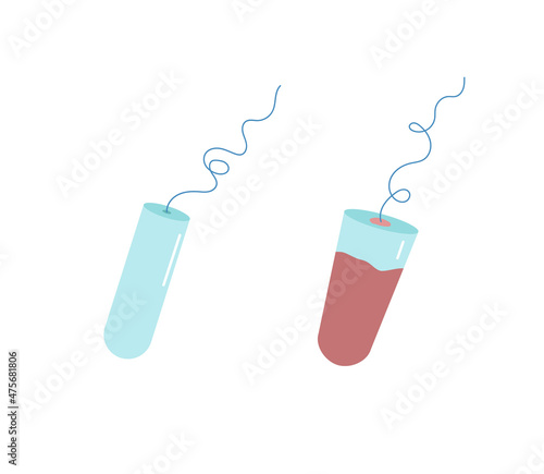 Female tampon before and after use. Vector illustration on the theme of menstruation.