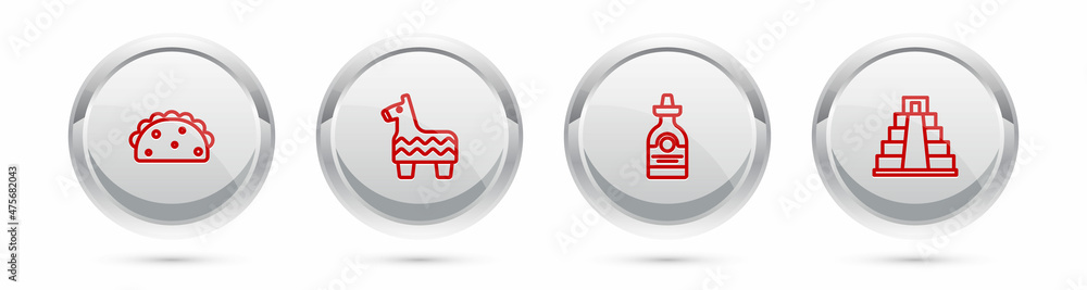 Set line Taco with tortilla, Pinata, Tequila bottle and Chichen Itza Mayan. Silver circle button. Vector Set line Taco with tortilla, Pinata, Tequila bottle and Chichen Itza Mayan. Silver circle button. Vector