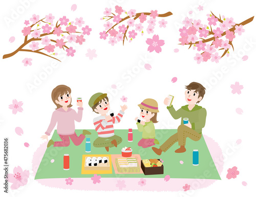 お花見をしながらお弁当を食べる家族