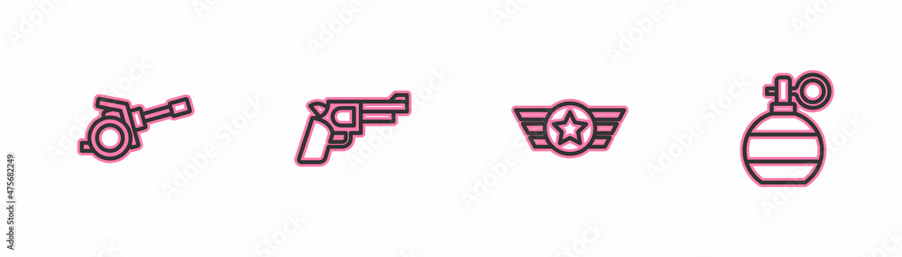 Set line Howitzer, Star American military, Pistol or gun and Hand grenade icon. Vector Set line Howitzer, Star American military, Pistol or gun and Hand grenade icon. Vector