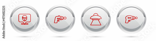 Set line Alien, Ray gun, UFO flying spaceship and . Silver circle button. Vector