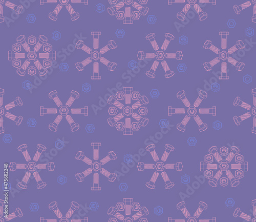 Christmas seamless pattern of bolts and nuts laid out in the shape of snowflakes. Isometric contour 3D drawing of fasteners. Vector background for construction tools store, technical support and other