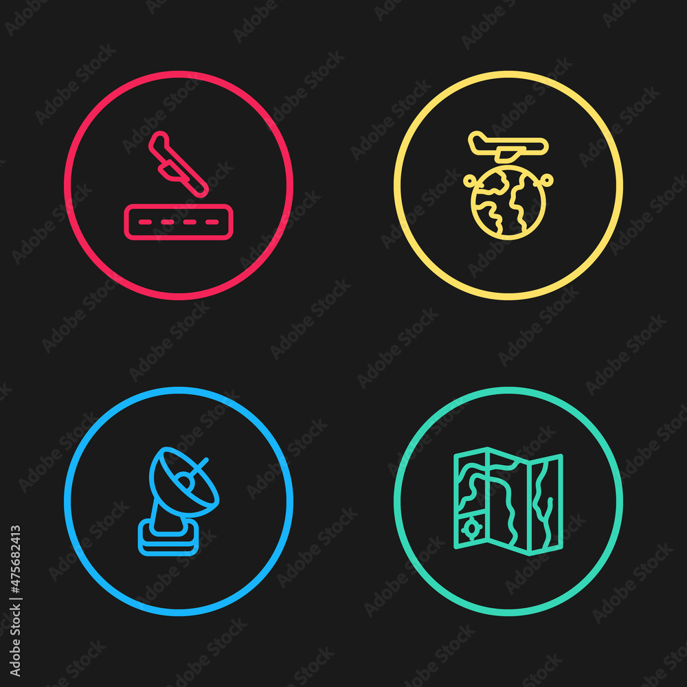 Set line Radar, World travel map, Globe with flying plane and Plane landing icon. Vector Set line Radar, World travel map, Globe with flying plane and Plane landing icon. Vector